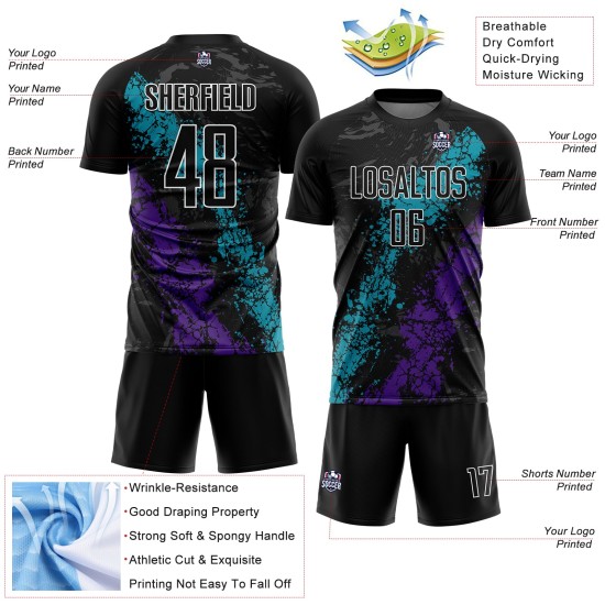 Teal-Lila Splatter Schwarz Jersey Uniform Fußball Sublimation Custom Dripping Art