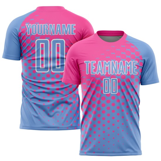 Helle benutzerdefinierte rosa-weiße Uniform blaues Trikot Fußball Sublimation