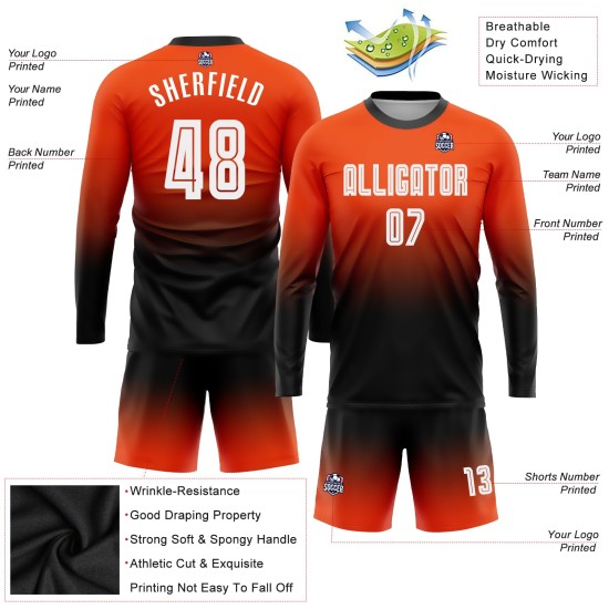 Uniform Sublimation Mode Lange Fußball Orange Weiß-Schwarz Custom Sleeve Jersey Verblassen